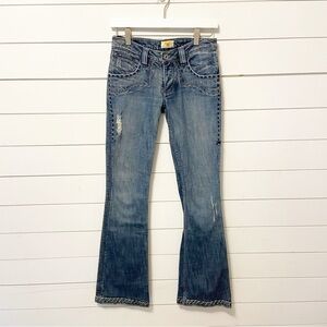 ANTIK Denim | Vintage Y2K Flare Embroidered Pockets Low Rise Made in USA Size 25